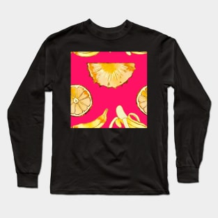 yellow, pineapple, banana, yellow, orange, juicy, fruit, glitter, gold, summer, pattern, funny, sunny, vivid, pink Long Sleeve T-Shirt